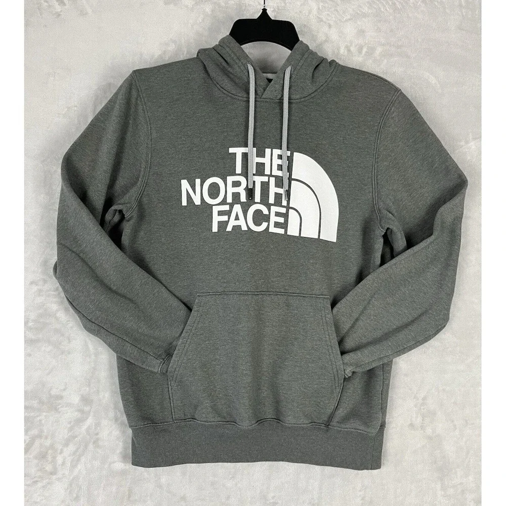 NORTH FACE Hoodie Men Small Gray Fleece Pocket Half Dome Graphic Pullover Hiking